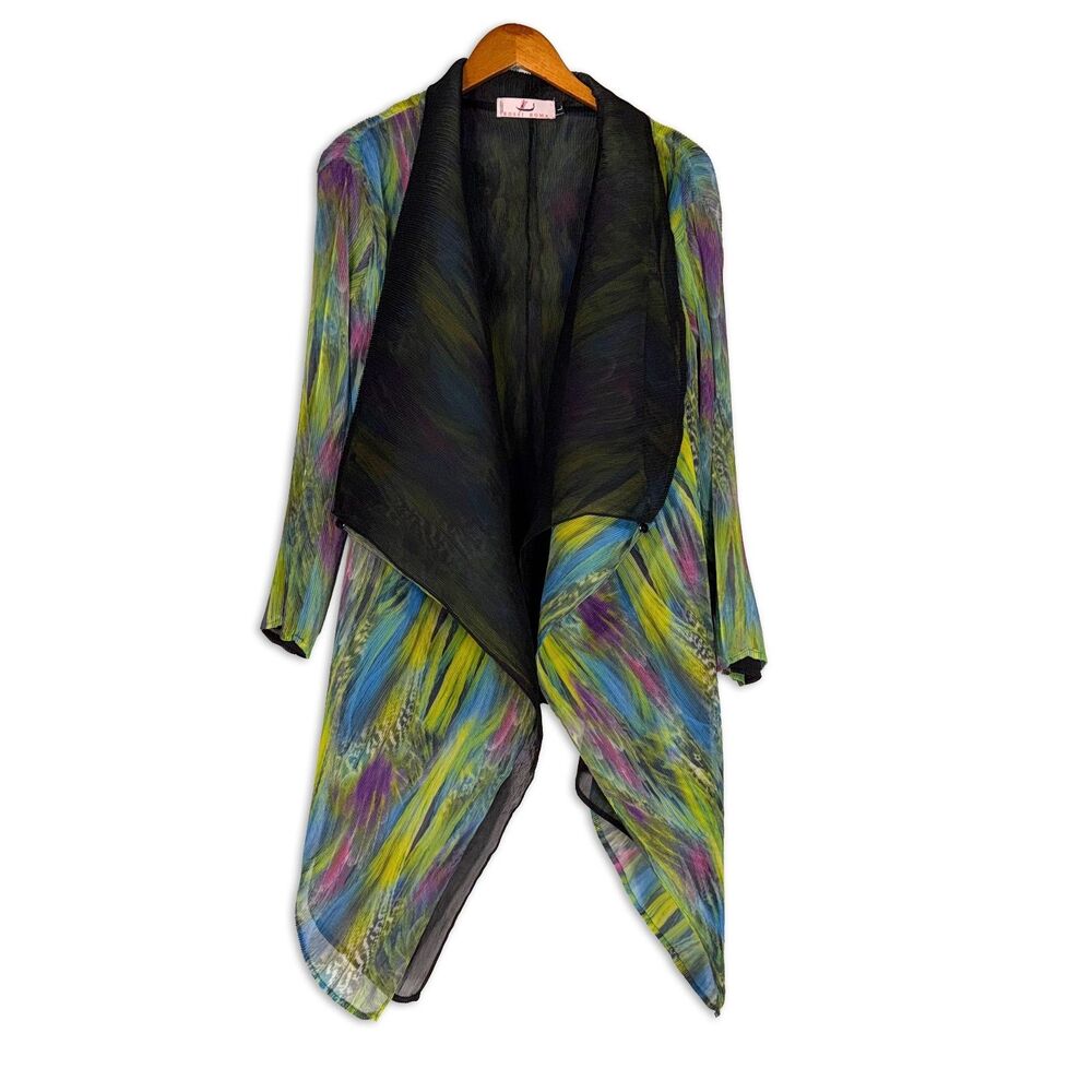 Chic Rossi Roma Artsy Sheer Waterfall Cardigan Jacket L Abstract Pleated Duster